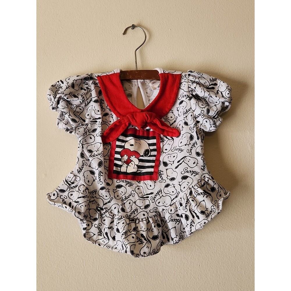 Vintage 80s 90s Snoopy Peanuts Baby Toddler Top Sailor Collar Heart Ruffle 3T